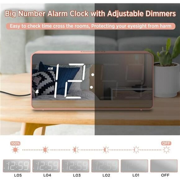 Peakeep Pink Digital Alarm Clock Loud Mirror Display Battery Backup Seniors - Picture 5 of 7